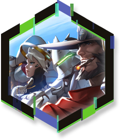 Altıgen çerçeve içinde overwatch karakterler
